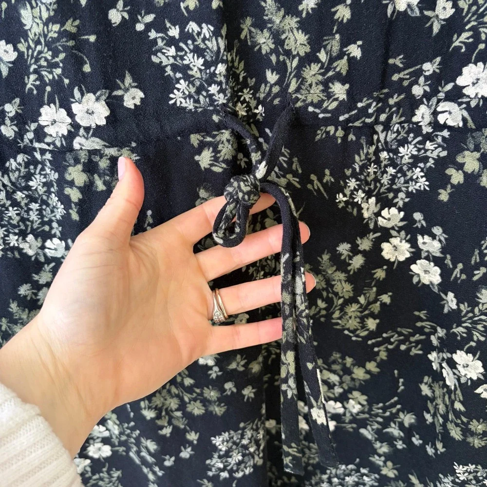 Pact Organic Cotton Floral Tiered Dress Black Green Long Sleeve Women's S